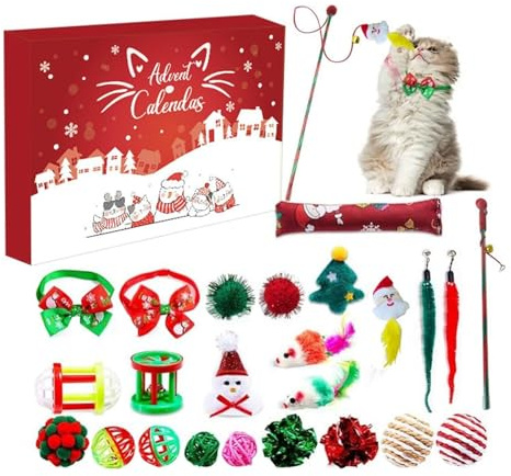 Katze Adventskalender 2025 Weihnachten Interaktives Spielzeug für Innen Weihnachtsgeschenke Halsbänder Fliege Feder Spielzeug Fisch Gefälschte Maus Glocke Bälle, 24 Stück Katzenspielzeug Set für