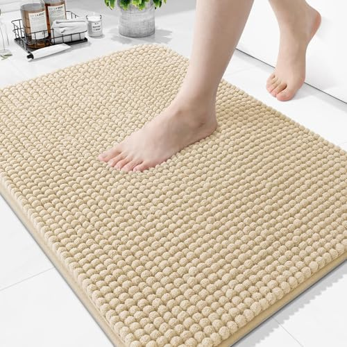 Homaxy Saugfähiger Dicker Chenille Badteppich 60×90 cm, Beige | Weich, Bequem, Rutschfest, TPR-Rückseite, Maschinenwaschbar, Badezimmerteppich, Badematte, Duschvorleger für Badezimmer