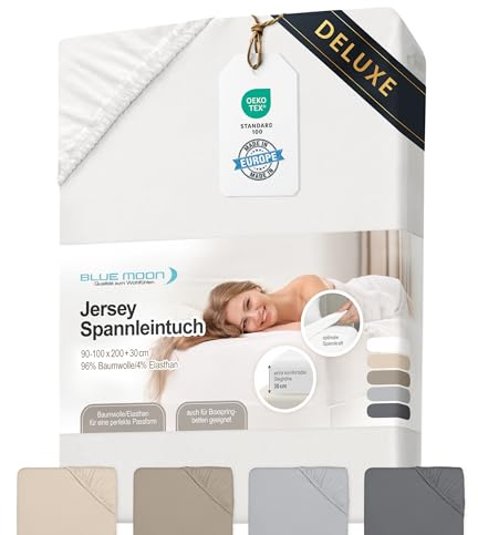 BLUE MOON Luxus Spannbettlaken - Spannbetttuch 90-100x200cm - Jersey - 96% Baumwolle/4% Elasthan - 190 g/m² - 30 cm Steghöhe - rundumgummiert - atmungsaktiv - Öko-Tex - Made in Europe (Weiß)