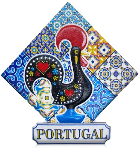 Portugal 3D Fridge Magnet with Galo de Barcelos & Azulejo Tile Design – Travel Souvenir & Gift, 8 × 8 × 1 cm Decorative Kitchen & Office Magnet
