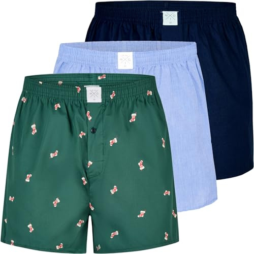 MG-1 3er Pack Herren Boxershorts aus 100% Baumwolle Webboxer mit Knopfleiste, elastischem Bund & Weihnachtsmotiv - Geschenkidee