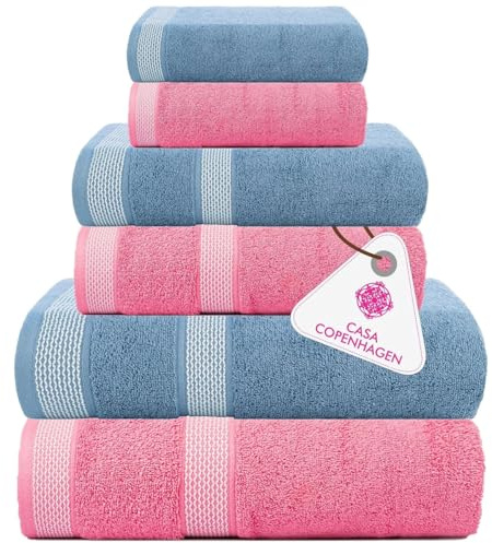 Casa Copenhagen Coffret 6 Serviettes Bain 600 g/m², Bleu poudré – Rose | Solitaire Mix 100% coton égyptien pur cuisine, douche: 2 serviettes bain, 2 mains, 2 gants (coffret cadeau femme et homme)