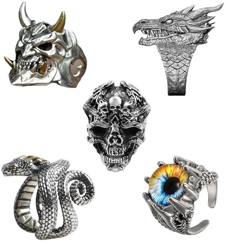 QingWing 5 Stück Vintage Punk Ringe, Verstellbare Rock Schädel Herrenring, Tierformen Augen der Hölle, Ring für Herren Männer Vintage Drachering Gothic Offene Ringe, für Halloween Weihnachten