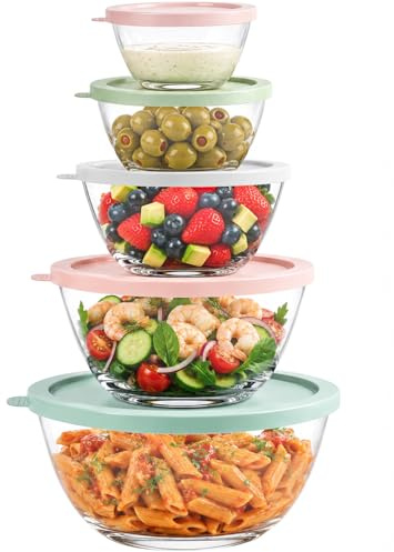Greentainer Glass Mixing Bowl Sets - Salad Bowl with Lids Stackable Nesting Bowls for Baking, Cooking & Food Prep - 0.4 L; 0.7 L; 1.5L;2.7L;4.5L - Microwave & Dishwasher Safe, BPA Free