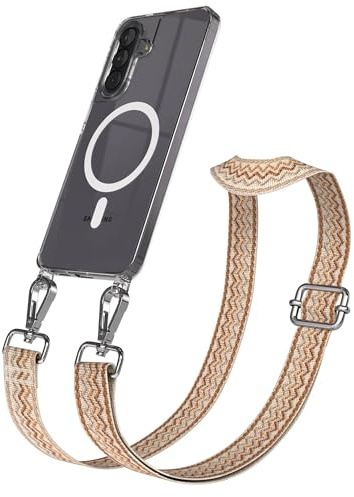 EAZY CASE Handykette - Verstellbares Taschenband kompatibel mit Galaxy A57, Schulterriemen, Handykordel mit Silikon Hülle, Qi Charging kompatibel, Umhängetasche, Beige Braun Silber