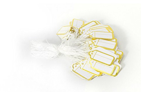 MissBirdler 100 Stk. Elegante Kleine Anhängeschilder Gold-Weiß mit Schnur Faden Etiketten Preisschilder Namensschilder Kraftpapier Karton Tags Labels mit Goldrand Basteln Geschenke Hochzeit Babyshower
