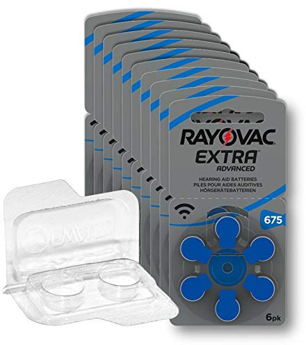 60x Rayovac Extra Advanced 675 Hörgerätebatterien 10x6er Blister PR44 Blau 24600 + Aufbewahrungsbox für 2 Hörgerätebatterien (10, 13, 312, 675), Batteriebox für 2 Knopfzellen bis 12 mm x 6 mm (Ø x H)