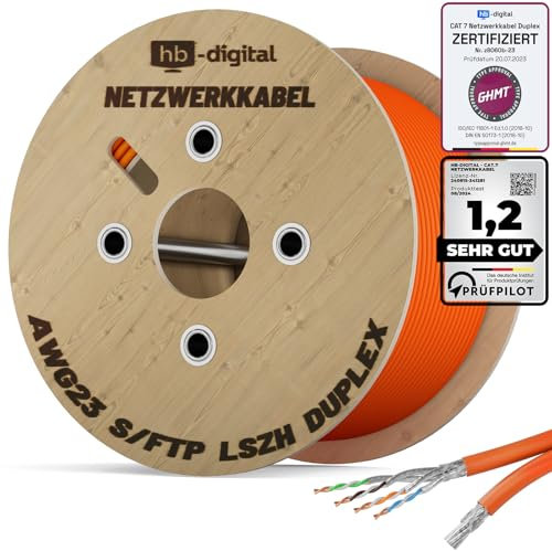 HB-DIGITAL 250m CAT 7 Netzwerkkabel LAN Kabel Verlegekabel Ethernet Installationskabel 10 Gbit/s AWG23 S/FTP - GHMT Zertifiziert - reines Kupfer LSZH BauPVO Klasse Cca Datenkabel Duplex - Orange
