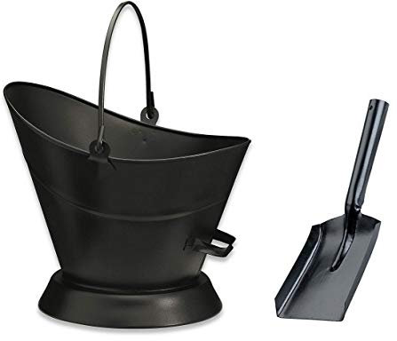 Heavy Duty Metal Fireside Waterloo Bucket Fireplace Hod Scuttle Coal Fuel Ash Wood Log Storage Option with Shovel and Poker (Black Waterloo Bucket + Shovel)