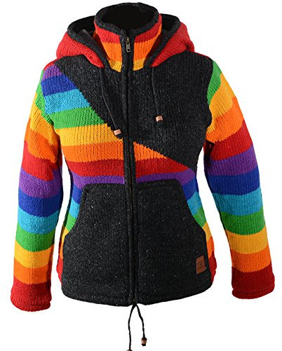 Damen Goa Strickjacke Wolle mit Fleecefutter und Abnehmbarer Zipfelkapuze Schwarz/Regenbogen, Größe Damen:34-36
