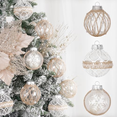 XmasExp Christmas Ball Ornaments Set, Farmhouse Shatterproof Christmastree Decorations,12ct Large Plastic Hanging Ornaments, 70mm/2.76,Flaxen