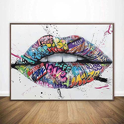 XINGCI Bilder Graffiti Show Zähne Lippen Street-Art Poster und Drucke Leinwand Farbmalerei Wandkunst Bild Home Wanddekoration Rahmenlos (50x60cm)