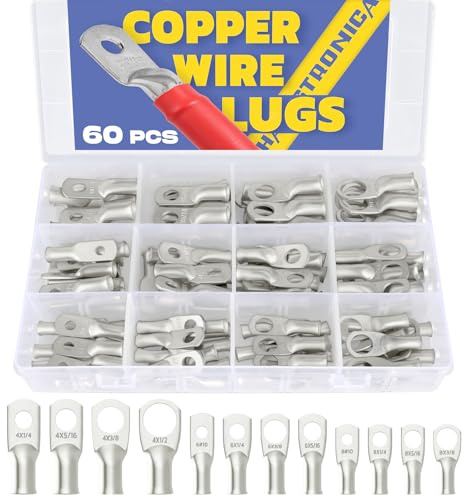 haisstronica 60PCS Tinned Battery Cable Lug Kit AWG 8/6/4 4 Sizes