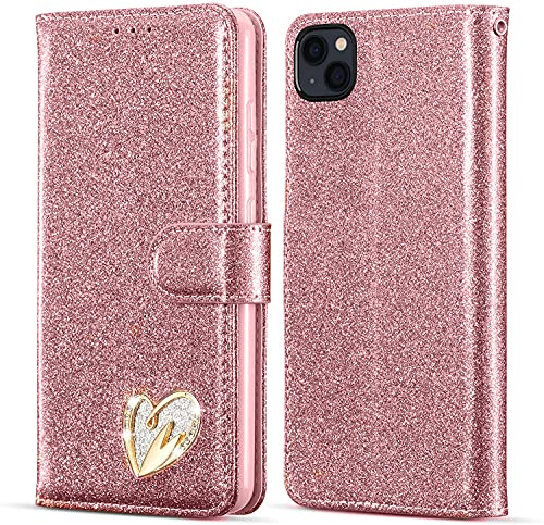 KP TECHNOLOGY Case for iPhone 13, Premium Shiny Bling Glitter Loving Heart Book Flip Stand Wallet Card Phone Case for iPhone 13 (ROSE GOLD)