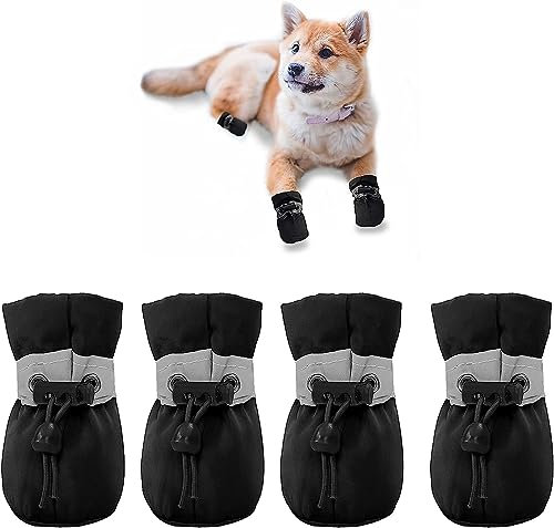 YAODHAOD Hundestiefel Pfotenschutz, Anti-Rutsch-Hundeschuhe Diese bequemen, weichen Sohle sind mit reflektierenden Riemen für kleine Hunde (7: 5,9x5 cm L*W, Schwarz)