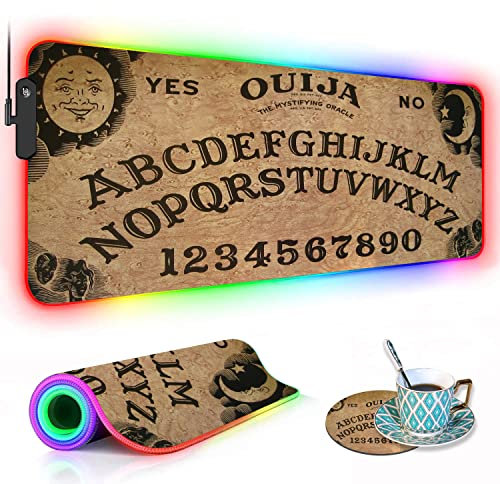 RGB Gaming Mouse Pad with Coffee Coaster, XXL Large Glowing LED Mousepad, Anti-Slip Rubber Base, Computer Keyboard Desk Mouse Mat 31.5 X 11.8 Inch - Retro Ouija Board