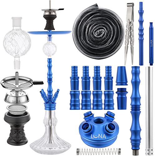 LUNA BIGIMA Shisha Set Komplett 18/8er Schliff Anschlüsse Closed Chamber System | Zubehör inkl. Schlauch - Mundstück - Zange - Steinkopf - Kaminaufsatz - Molassefänger - Knickschutz (Blau)