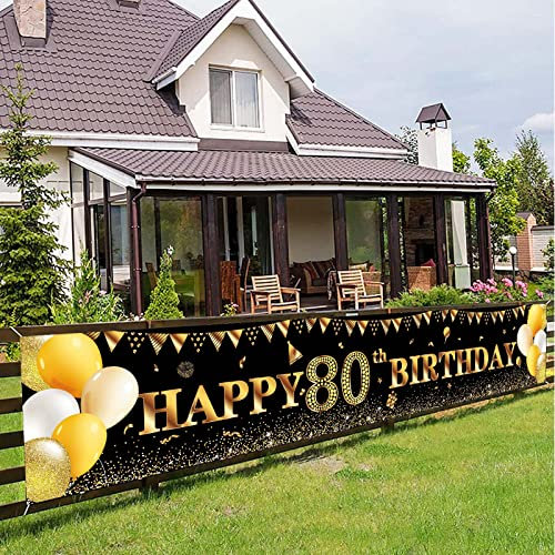Happy 80th Birthday Banner,80th Birthday Decoration Black Gold,Party Backdrop Banner Fabric Banner.for Men Women 80thBirthday Photo Backdrop,Photography Background,Outdoor Yard Garden Table Wall