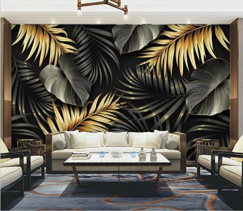 Fototapete 3D Schwarze goldene tropische Blätter 400 cm B x280 cm H Vlies Tapeten Wandtapete XXL Moderne Wanddeko Wohnzimmer Schlafzimmer Büro Flur