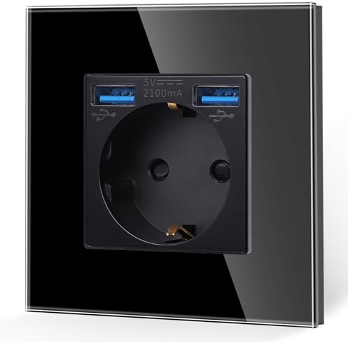 JIMEIDA Einzelsteckdose mit USB in Schwarz, 16Amp Glas Schuko Steckdosen mit Schnelles Laden USB Anschluss Max.2.1A, Unterputz Schutzkontakt Wandsteckdose-86mm, 250V, 1 Fach