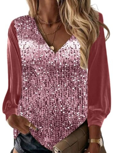 Onsoyours Chemisiers Femme T-Shirt Manches Longues Col V Haut Élégant Chic Épaules Dénudées Tops Mode Paillettes Brillantes Blouse Couleur Unie Lâche Shirt A Rose L