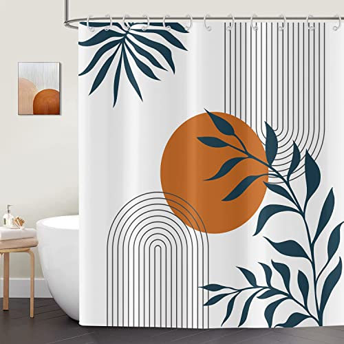 ASDCXZ Duschvorhang 180x180 cm Boho Style, Moderne Abstrakt Kunst Sonne Blätter Linien Weiß Bad Waschbar Duschvorhänge Polyester Textil Wasserdicht Duschvorhang für Badewanne mit 12 Haken