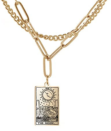Tarot-Karten-Halskette Vintage-Rechteck Mond-Tarot-Karten-Anhänger Schlüsselbeinkette Für Männer Und Frauen Astrologie Weissagung Magisches Amulett Hip-Hop-Doppelschicht-Halskette Modeschmuck-Anh