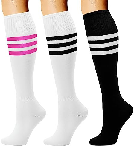 DRESHOW 3 Paar Kniestrümpfe Lässig Gestreift Fußballsocke Hoch Hexe Kniestrümpfe für Männer und Damen