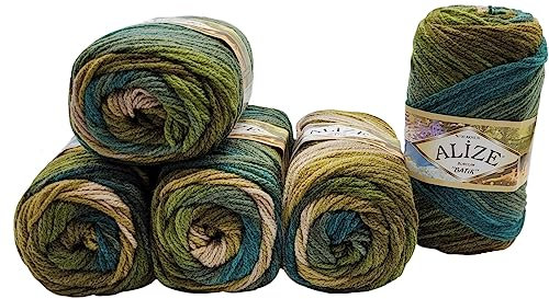 500 Gramm Ilkadim Export Burcum Batik Wolle mehrfarbig mit Farbverlauf, 5 x 100 Gramm Acryl Strickwolle bunt (grün beige 4684)