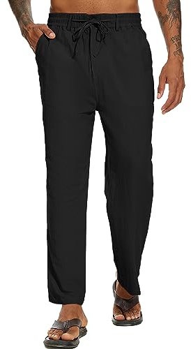 YAOBAOLE Leinenhosen Herren Freizeithose Loose Fit Herren-Hosen mit Elastischer Taille Leinen Sommerhose Schwarz L