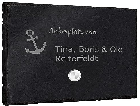 Klingelschild aus Schiefer mit Gravur - 20x15cm - Klingel unten mittig - frei gestaltbar mit vielen Motiven zur Auswahl - personalisierbare Türklingel Türschild Namensschild