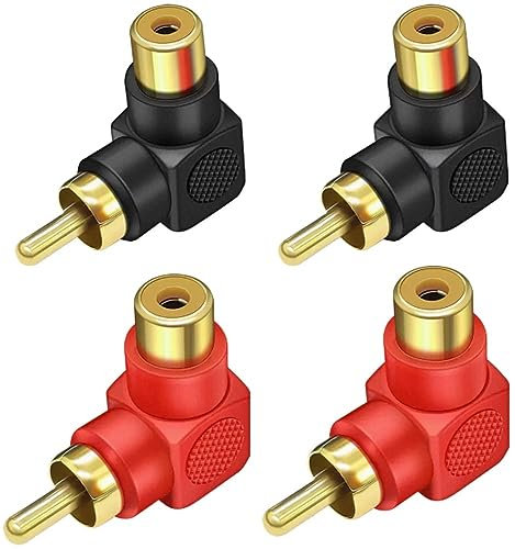 PAIKIUU Lot de 4 adaptateurs RCA mâle vers femelle coudé à 90 degrés plaqué or pour audio stéréo ou vidéo AV
