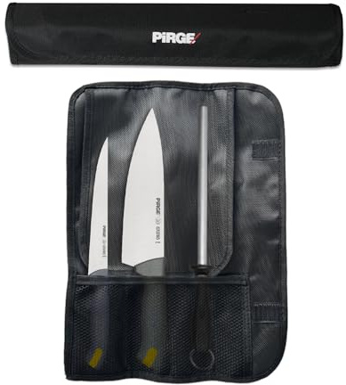 Pirge Gastro Profi Messerset mit Tasche 4 Stück - Griff mit Farbeinsatz - Profi Kochmesser Set - Edelstahl Profi Küchenmesser Set - Messer Set Scharf