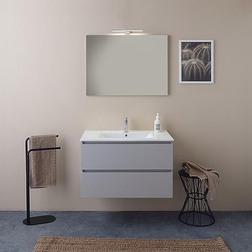 Kiamami Valentina Mobile bagno sospeso 80cm 2 cassetti bianco bosco, lavabo e specchio 80x60 Barcellona