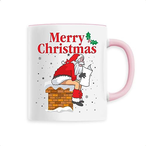 Mug de noel Pere noel humour - Imprimé en France - Tasse originale en céramique - Cadeau Humour Noël original rigolo (Rose)