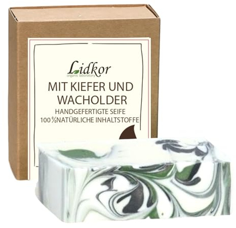LIDKOR Pflegende Seife mit Kiefer und Wacholder 100g | Tonisierende und Weichmachende Hautpflege mit Olivenöl und Rizinusöl - Handgemachte Naturseife - Vegan Handseife
