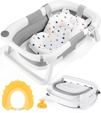 Bañera Plegable Bebé,Con Almohada de Bañera, Sombrero de Ducha, Cepillo de Ducha, Bañera Plegable Portátil Gris, Adecuada para Recién Nacidos y Bebés