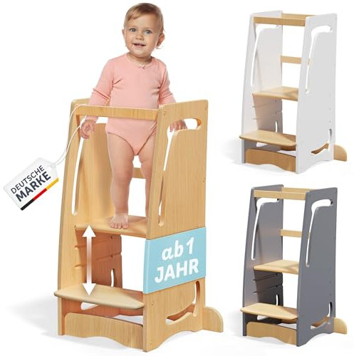 Famifidus Lernturm ab 1 Jahr inkl. Kipp Schutz I Höhenverstellbar & mitwachsend für Kinder von 1 Jahr bis 6 Jahre I Montessori Lernturm aus FSC Holz I Learning Tower - Natur
