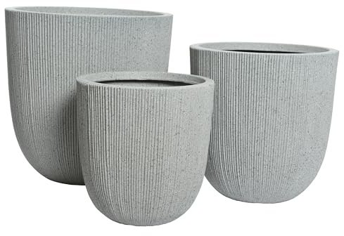 Decoris Blumentopf Outdoor geriffelt 31-44cm 3er Set - Kunststoff Pflanzenkübel Pflanzkübel außen Hellgrau - Blumenkübel Übertopf - Pflanzgefäße für draußen - Garten Deko Pflanzentopf Pflanztopf