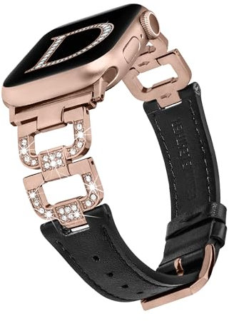 Wearlizer Leather Strap Compatible with Apple Watch Straps 41/40/38/42mm Women, Dressy Fancy Bling D-Shape Diamond Leather Strap for iWatch Series 10/9/8/7/6/5/4/3/2/1/SE, Black/Rose Pink M