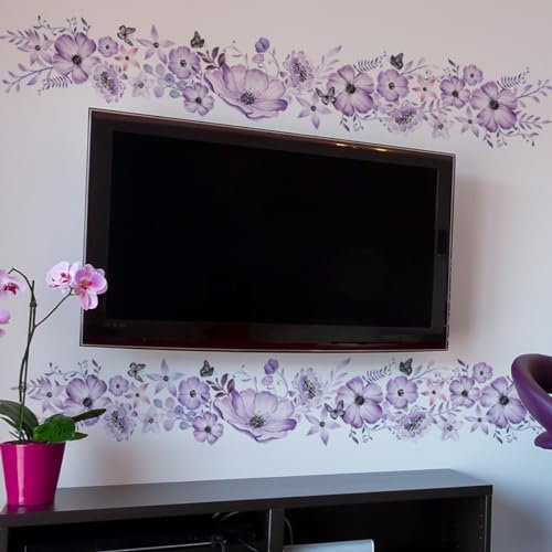 COVPAW Wandtattoo 2x Lila Blumen Rebe Wohnzimmer Schmetterlingen Wandaufkleber Schlafzimmer Wandsticker Kinderzimmer Küche Büro Wanddekoration (Lila BLumen)