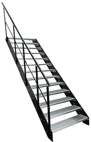 Kaminbau Mierzwa Premium Stahl Treppe mit Geländer links/Wangen und Geländer Anthrazit RAL 7016/13 Stufen verzinkt (Breite 1200 mm) (Höhe 247 cm) Wetterfest Gitterroststufe Gartentreppe