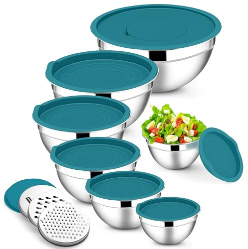 E-far Mixing Bowls with Lids Set, 7-Piece Stainless Steel Mixing Bowls with 3 Grater Attachments, Size 4.6, 3.5, 2.6, 2, 1.5, 1, 0.7QT, Metal Nesting Bowls & Blue Airtight Lids, For Baking/Cooking