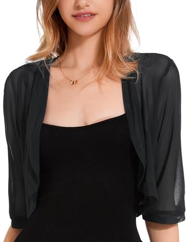 Atxnn Women's Bolero Shrug UK 3/4 Sleeve Cropped Cardigan Summer Lightweight Jacket for Dresses Ladies Soft Open Front Shrugs Shawl, Black S