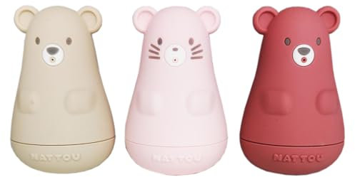 Nattou Jouets de Bain en silicone, 3 animaux jouets de bain pour la Baignoire, sans BPA, Silicone, Rose/Beige/Rouge