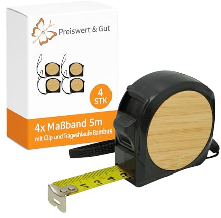 4 STK Maßband 5 m Rollmaßband mit Automatik Feststeller und Gürtelclip | Robustes Messband aus Bambus und Kunststoff für Werkstatt und Haushalt, kompakt und mit Clip zum Befestigen.