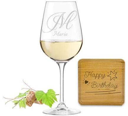 SET Leonardo Weinglas mit Gravur personalisiert inkl. Untersetzer Holz - Name & Buchstabe, Geschenke Frauen Männer, beste Freundin & Freunde, Geburtstagsgeschenke, Glas 450ml