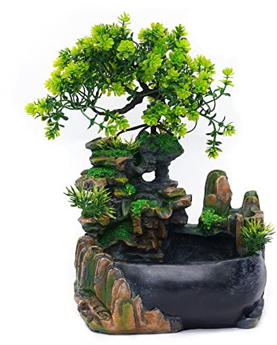 Zimmerbrunnen Wohnzimmer,Wasserfall Tischbrunnen Desktop Bonsai Ornamente,Tischbrunnen Wasserfall GartenAquarium Harz Desktop-Brunnen Zimmerbrunnen mit Pflanzen 28 x 20 x 15 cm