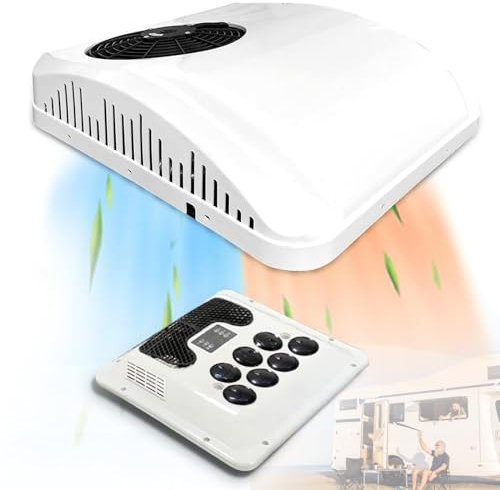 Lakenbroade Climatiseur RV 9000 BTU avec Chaleur 12 V/24 V/48 V – Unité AC Universelle sur Le Toit RV, climatiseur combiné, unité A/C 12 V pour Camping-Car, Faible Bruit,48V