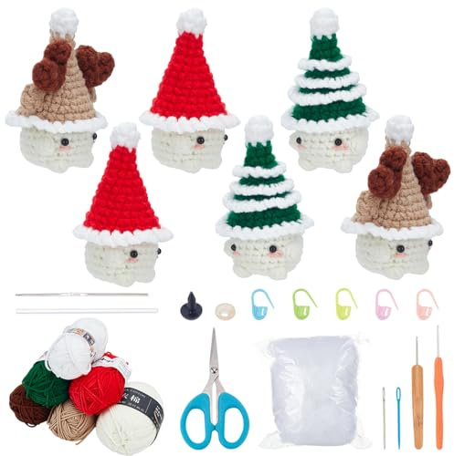 ORIGACH 6 Set Weihnachten Pilz Baby mit HutHäkelset Für Anfänger, DIY Starter Häkelset Für Erwachsene Mit Schritt Für Schritt Videoanleitung